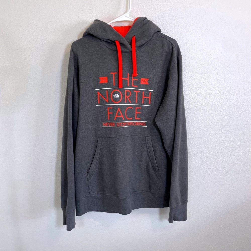 The North Face Men's Large Gray Hoodie Graphic Pullover Sweatshirt Orange Grey‎